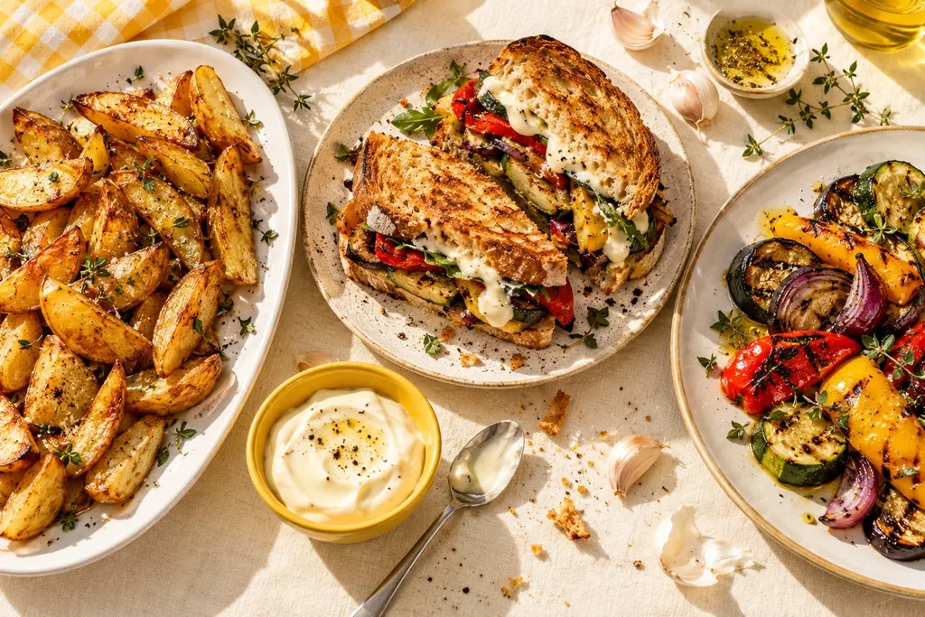 Serving inspiration: crispy potatoes, a toasted vegetable sandwich, and grilled vegetables with garlic aioli